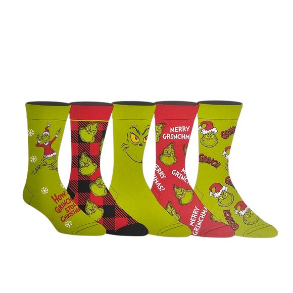 The Grinch Christmas Novelty Men's Crew Socks 5 Pack Size 10-13 NIP Read - Picture 1 of 9